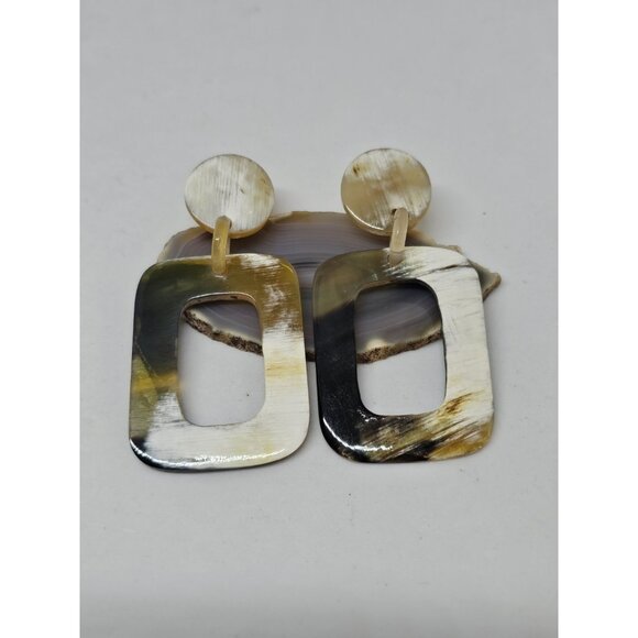 BUFFALO HORN Rectangle Dangle Drop Stud Statement EARRINGS Brown White Beige - Picture 7 of 10
